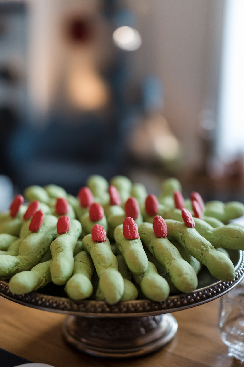 Indoor platter with green-tinted breadsticks shaped like fingers, almond sliver nails painted red with food coloring. Photo, no text or logos.