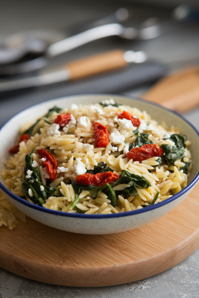 Indoor photo of a pasta bowl filled with orzo tossed in olive oil, sun-dried tomatoes, wilted spinach, and crumbled feta. No logos or text.