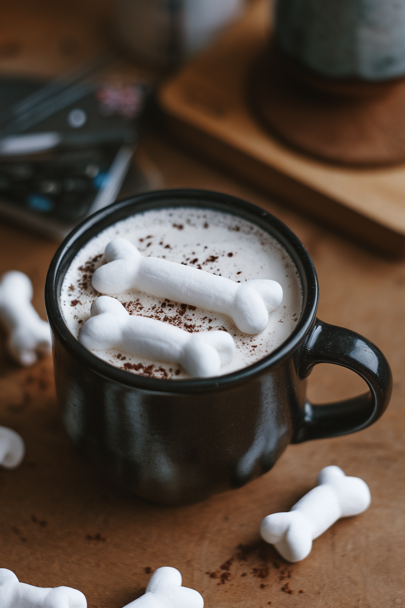 Indoor photo of a white hot chocolate in a black ceramic mug, topped with mini marshmallows arranged like bones. No text or logos visible.