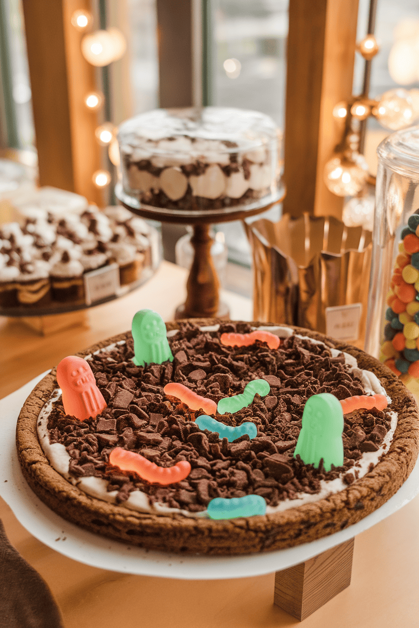 Indoor dessert bar featuring a chocolate-chip cookie crust pizza loaded with crumbled chocolate cookies “dirt,” gummy worms, and candy headstones. No text or logos.