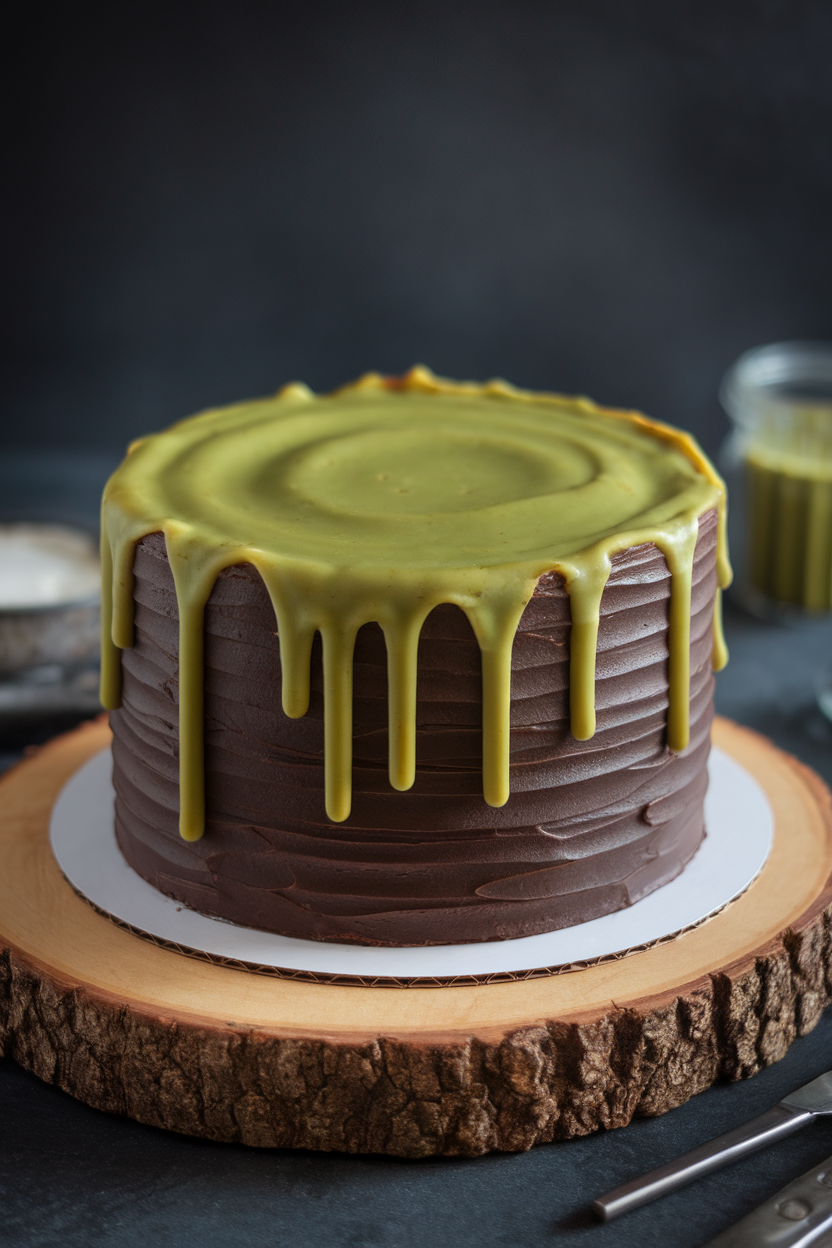 Indoor photo of a round chocolate cake frosted in black buttercream with a green caramel “brew” bubbling over the top, placed on a wooden board. No text or logos.
