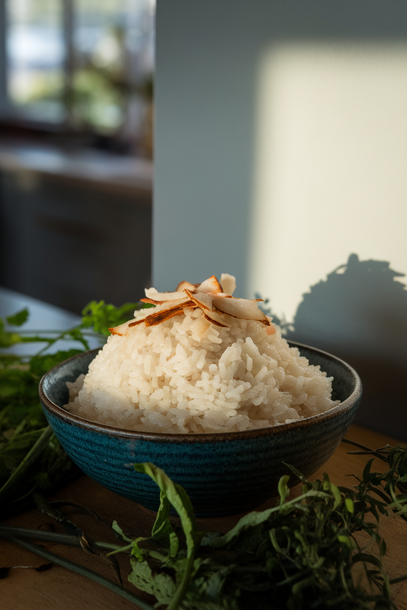 Indoor bowl of fluffy white rice glistening slightly from coconut milk, topped with a few toasted coconut flakes. No text or logos; photo only.