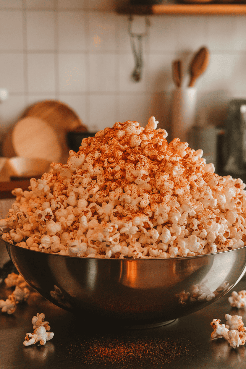 Photo of a large bowl of fluffy popcorn dusted with reddish barbecue seasoning on an indoor kitchen counter. No logos or text present.