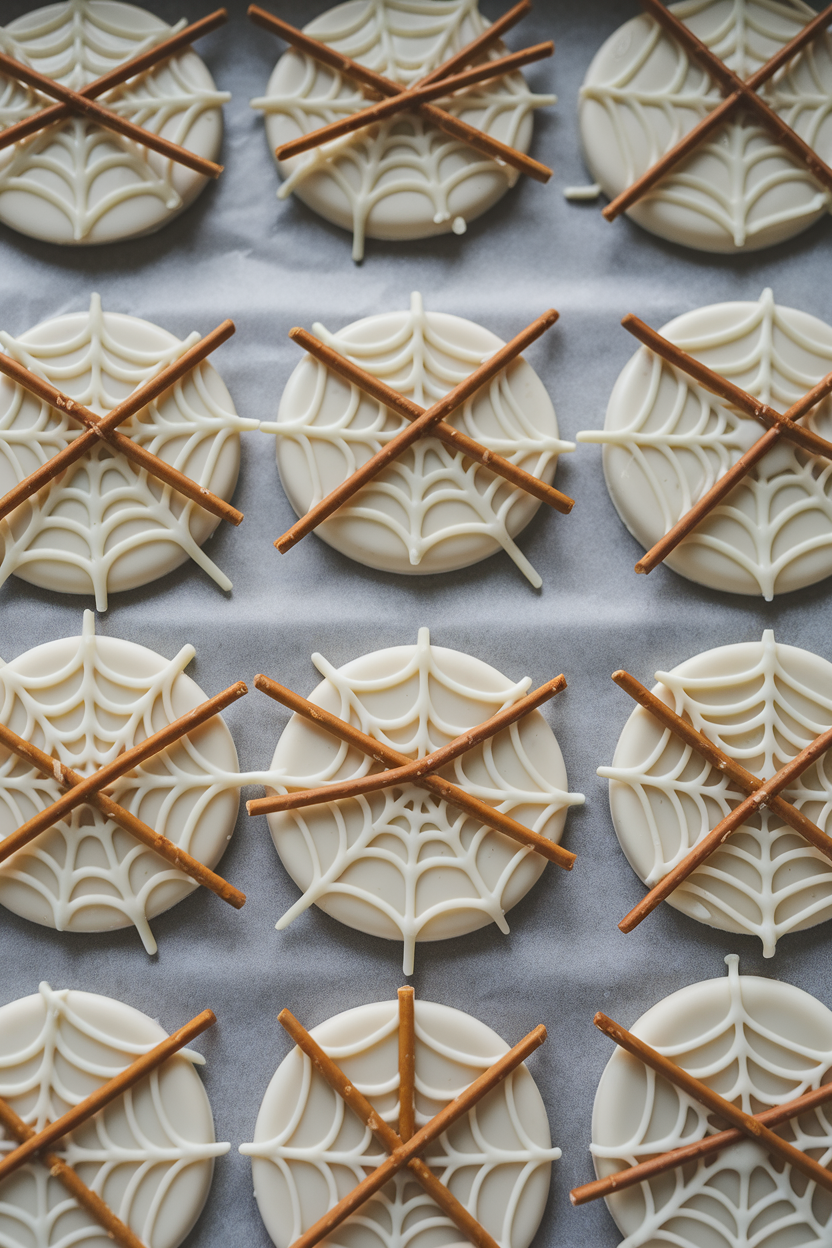 Photo of white chocolate circles with pretzel stick spokes forming spiderwebs, indoor parchment sheet, no logos or text.