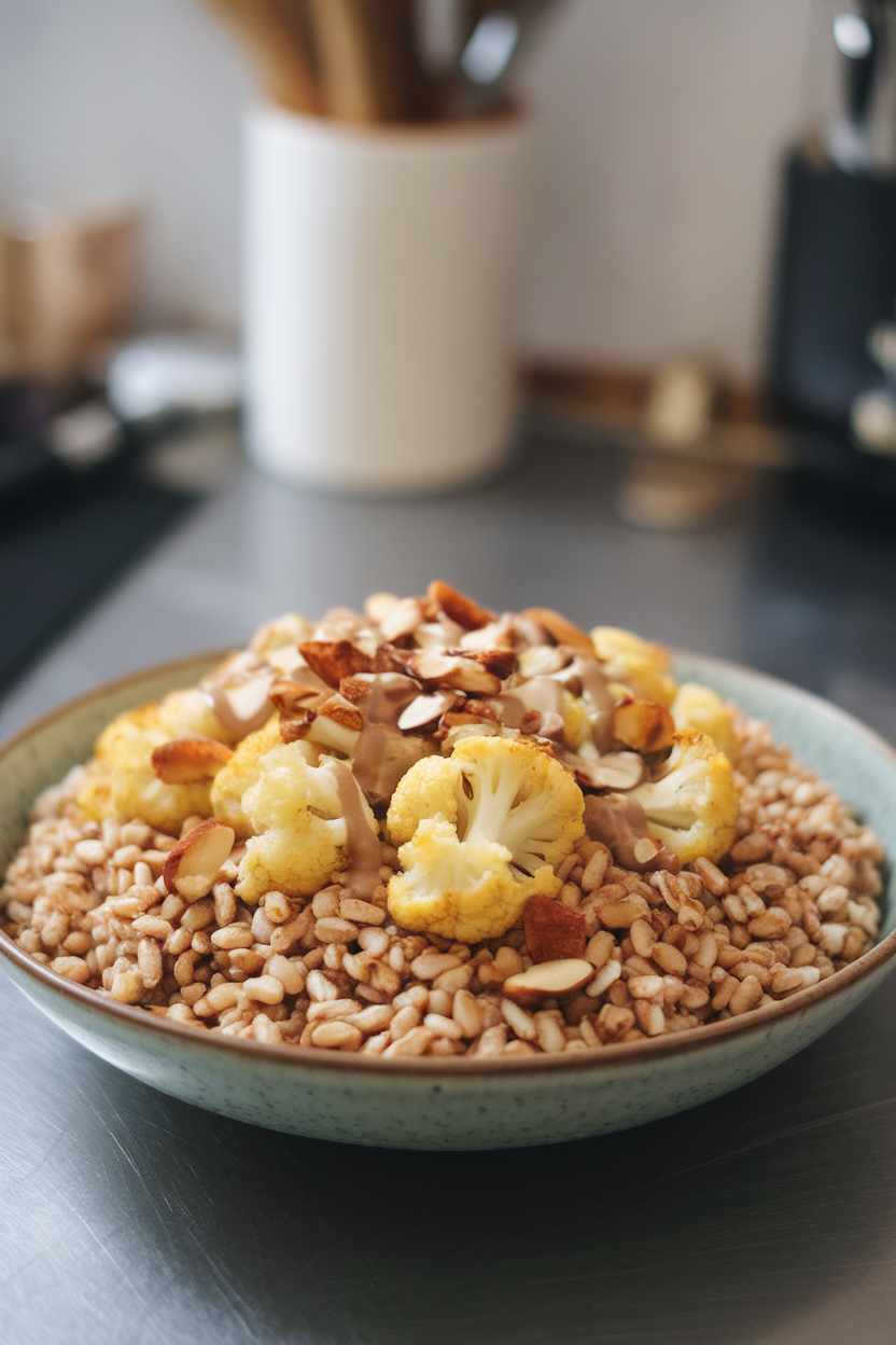 An indoor countertop with a wide bowl of nutty farro topped with golden roasted cauliflower florets, toasted almonds, and tahini drizzle. No text or logos visible; photography only.