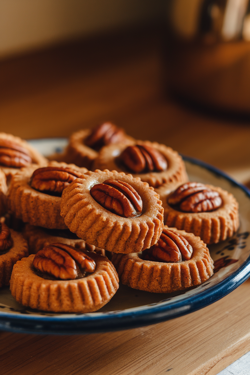 Indoor kitchen scene featuring thumbprint cookies with glossy pecan filling in the center, placed on a simple ceramic plate. Warm light highlights the caramel tones; no text or logos. Photo, not illustration.
