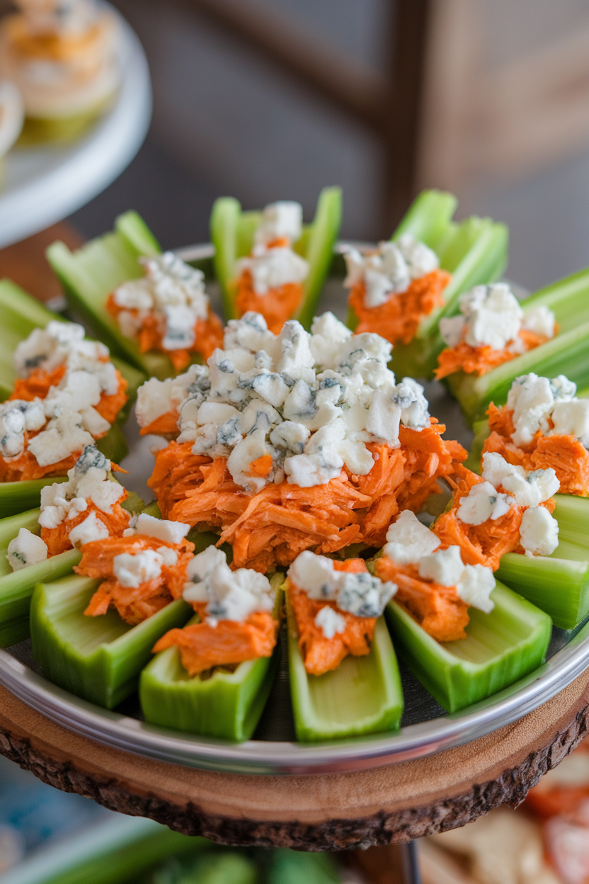 Photo of celery stalks filled with shredded buffalo chicken and topped with crumbled blue cheese on an indoor platter. No text or logos.