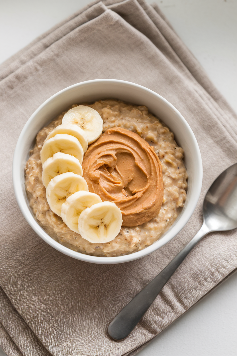Indoor bowl of creamy oatmeal topped with a visible swirl of peanut butter and sliced bananas, spoon resting on linen napkin. No text or logos.