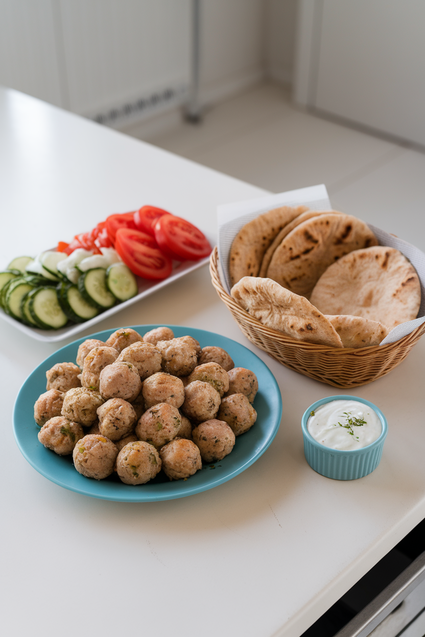 An indoor prep station with chicken meatballs, whole-wheat pitas, sliced cucumber, tomato, and a small cup of tzatziki. No text or logos; photo only.