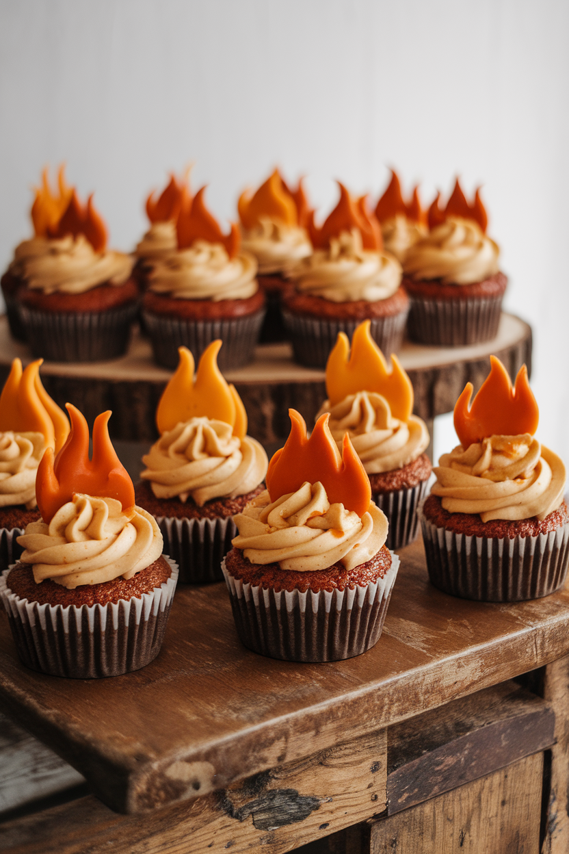 Indoor rustic wooden counter with pecan cupcakes drizzled in bourbon caramel and topped with flame-colored frosting peaks, no text or logos.