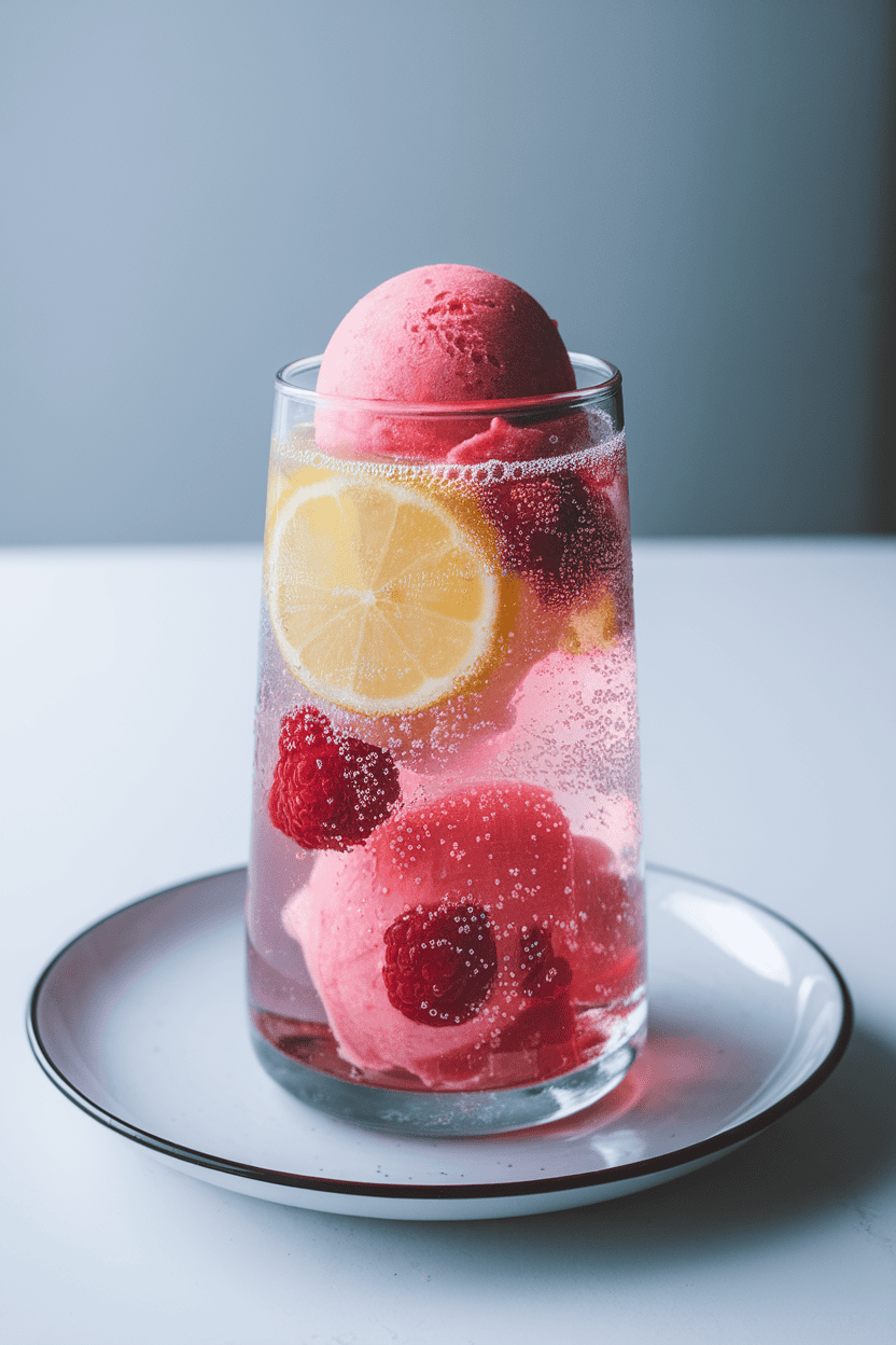 Indoor photo of tall glasses with scoops of raspberry sorbet topped with sparkling lemonade, fizzy bubbles visible, no text or logos