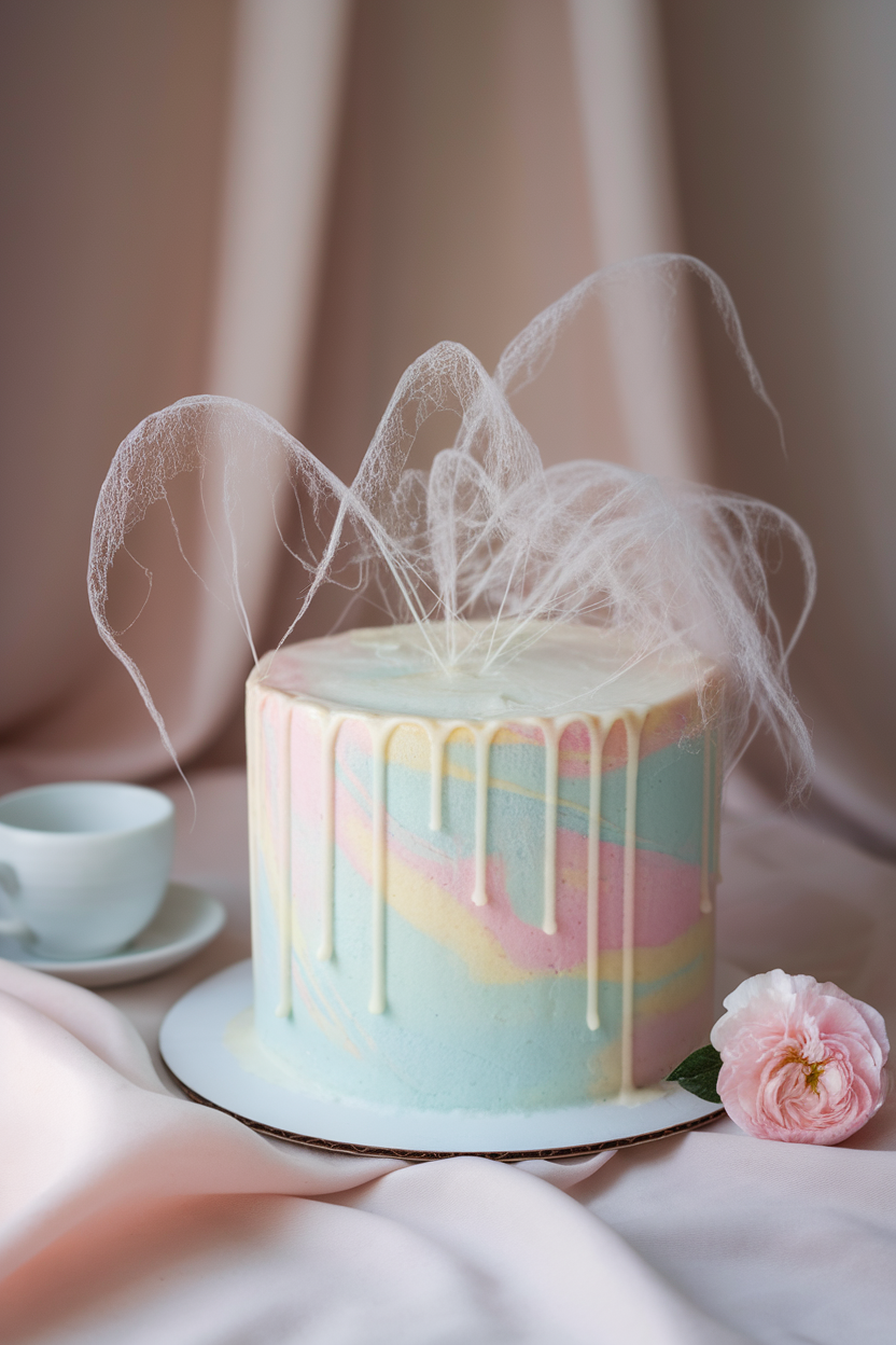 Indoor photo of a pastel cake draped with wispy white cotton candy strands resembling cobwebs, gently lit. No text or logos.