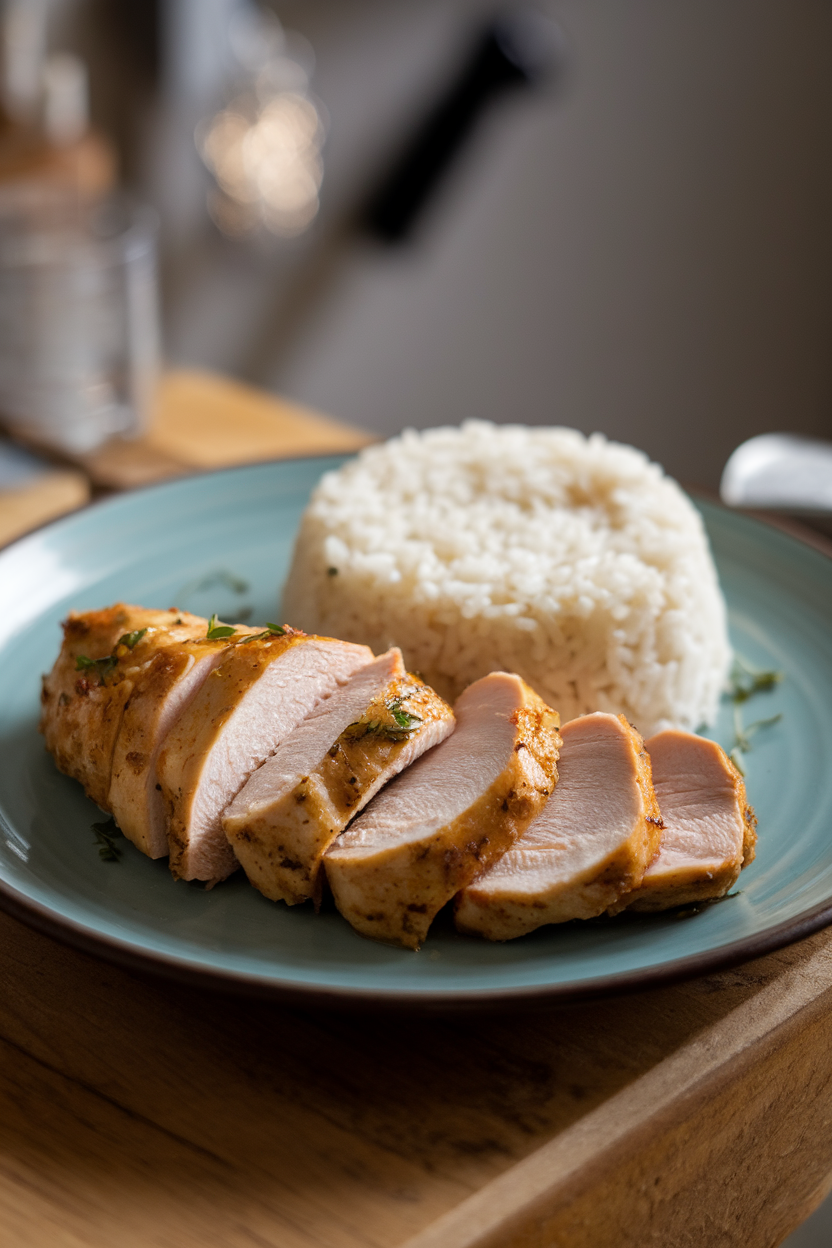 Indoor dinner plate featuring sliced baked chicken breast alongside a small mound of plain white rice. No text or logos; photo only.