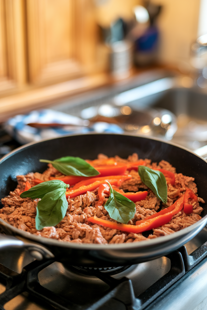 An indoor stovetop shot of a skillet filled with ground chicken, Thai basil leaves, and red bell pepper strips in a light soy glaze. No text or logos present; photo only.