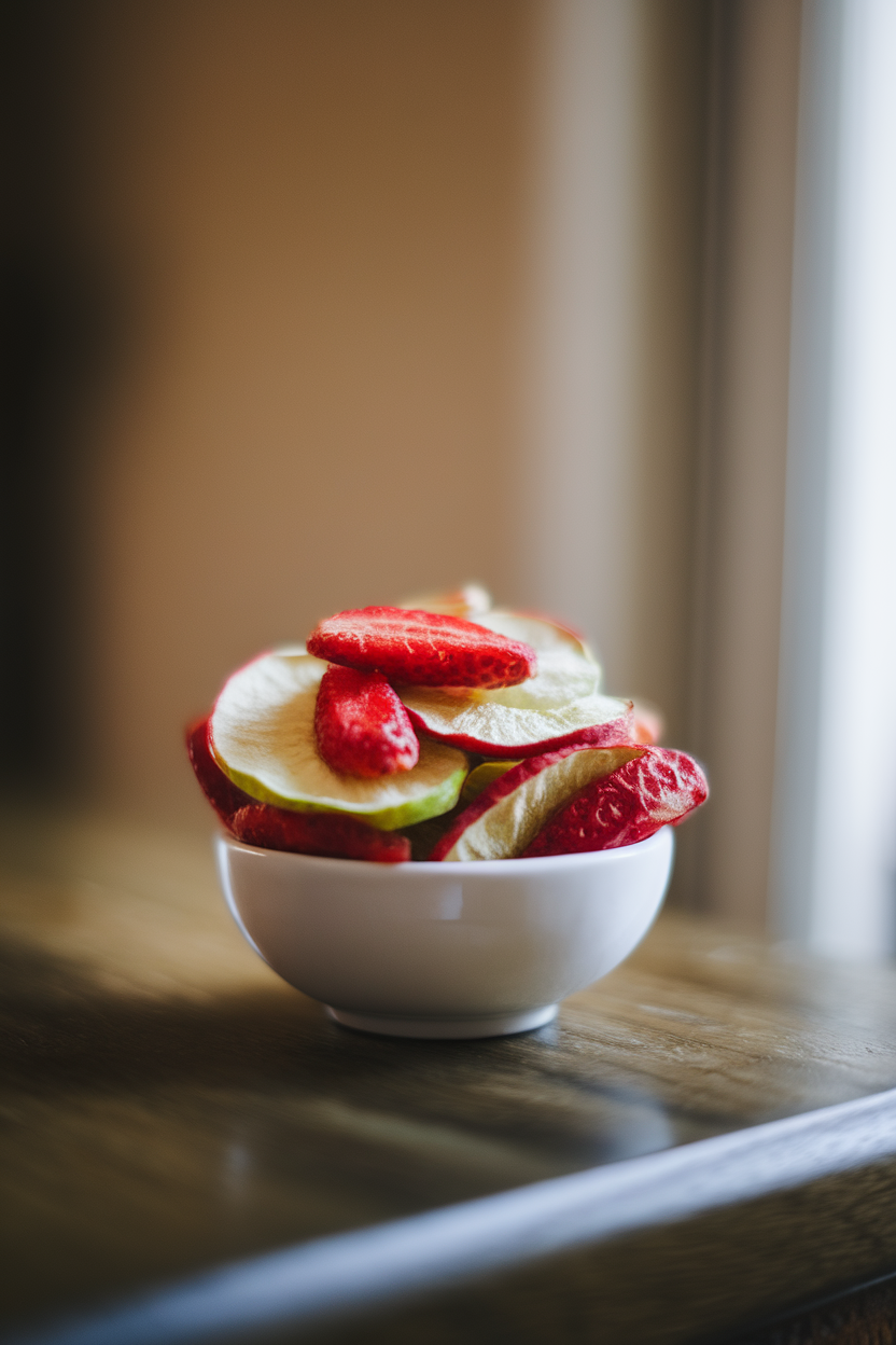 A close-up indoor photo of colorful freeze-dried strawberry and apple slices piled in a small white bowl on a wooden table. Diffused lighting, no text or logos.