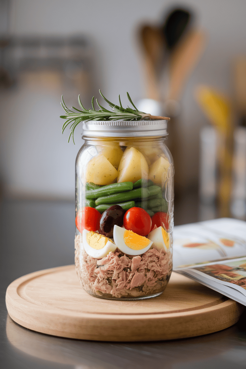 Indoor photo of a clear jar layered with cooked potatoes, green beans, cherry tomatoes, olives, hard-boiled egg wedges, and flaked tuna; no logos.