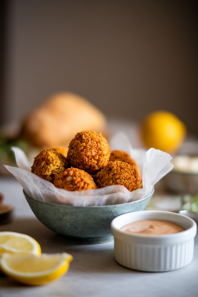 A softly lit indoor scene showing a small bowl lined with parchment and filled with golden, crispy falafel balls, a side of tahini sauce in a ramekin. No text or logos. Photo, not illustration.