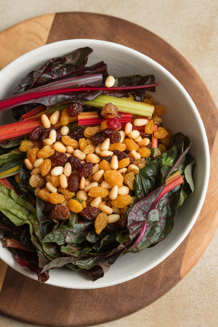 Indoor photo of chopped rainbow chard stems and leaves mixed with golden raisins and pine nuts in a serving bowl; no text or logos.