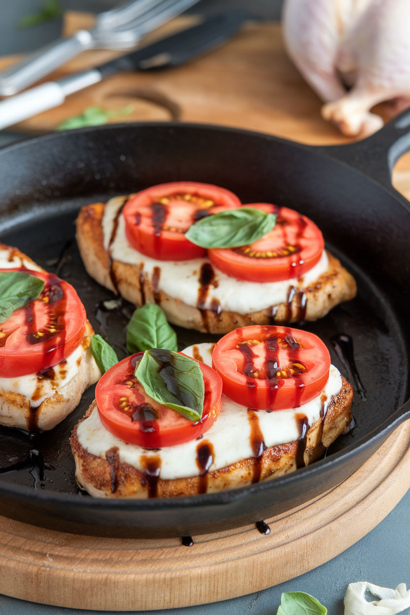 Indoor skillet with chicken breasts topped with melted mozzarella, tomato slices, and fresh basil, balsamic drizzle on top. No logos. Photo.