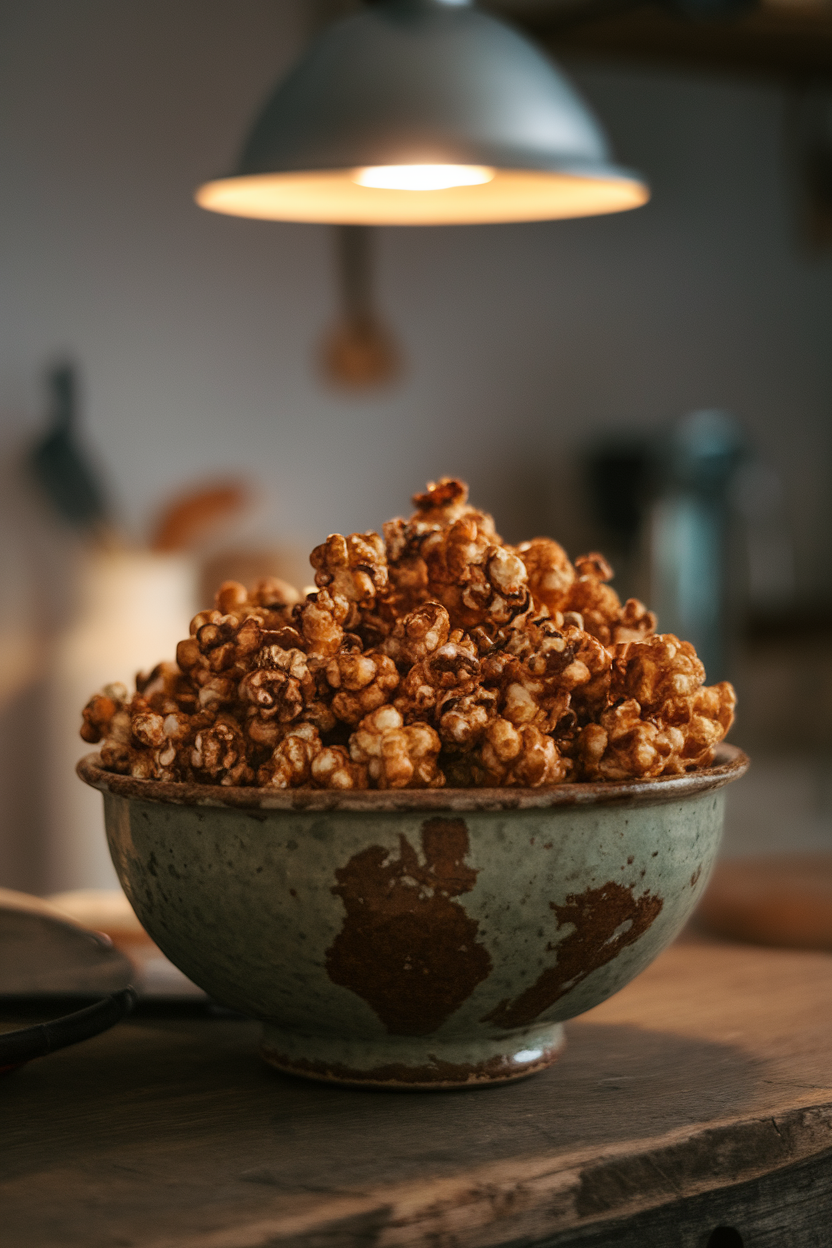 Indoor bowl of jet-black caramel popcorn, subtle shine under pendant light. Photo, no text or logos.