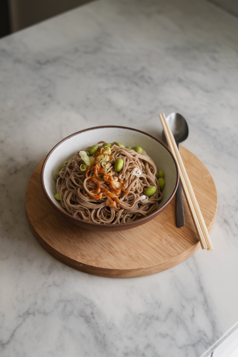 A bowl on an indoor countertop holding cooked soba noodles tossed with ginger-miso dressing, edamame, and scallions. No logos or text, photo only.