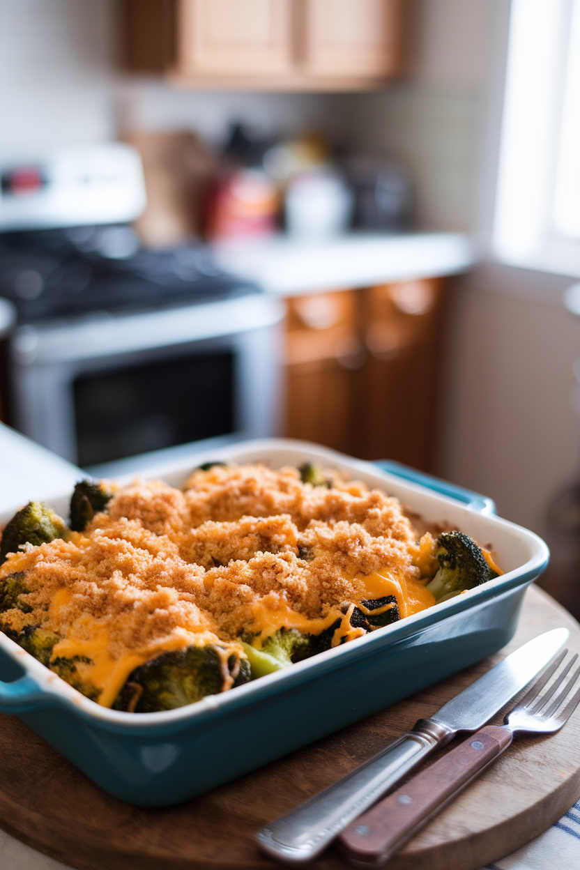A homey baking dish indoors featuring broccoli florets blanketed in melted cheddar, breadcrumb topping lightly browned; no text or logos. Photo only.