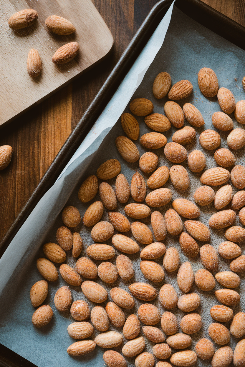 Indoor image of roasted almonds coated in cinnamon sugar cooling on a parchment-lined baking sheet. No text or logos.