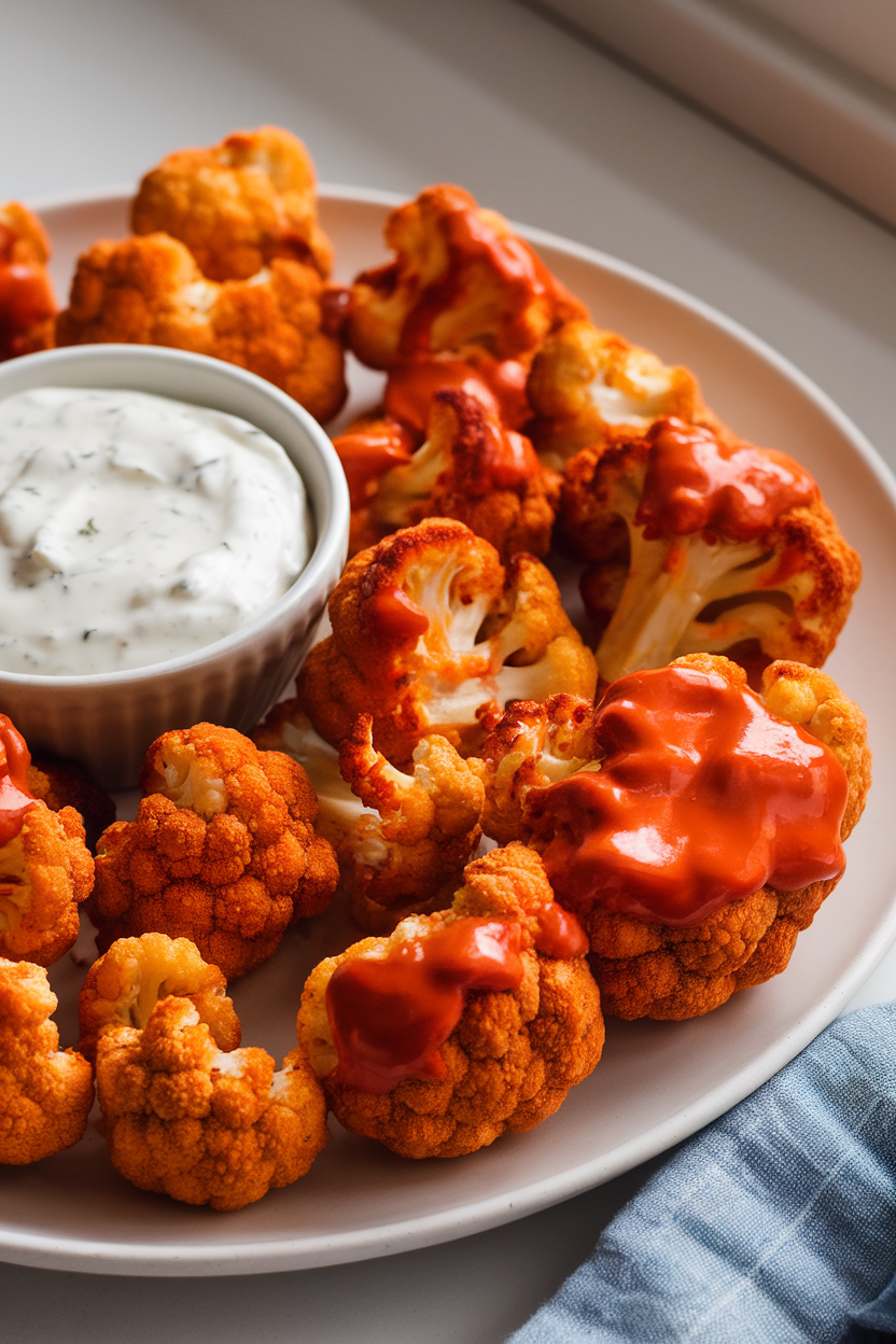 Crispy baked cauliflower florets coated in Buffalo sauce, arranged indoors with a small bowl of ranch dip; no text or logos. Photo only.