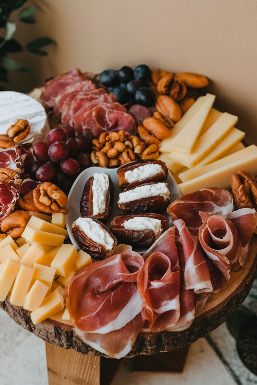 Indoor charcuterie board with dates stuffed with goat cheese and wrapped in prosciutto, glossy under overhead light. Photo, no text or logos.