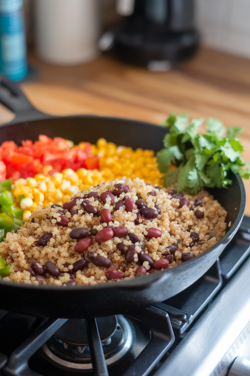 An indoor stovetop view of a skillet containing quinoa, black beans, corn, diced tomatoes, and bell peppers with cilantro garnish. No text or logos present; photo only.