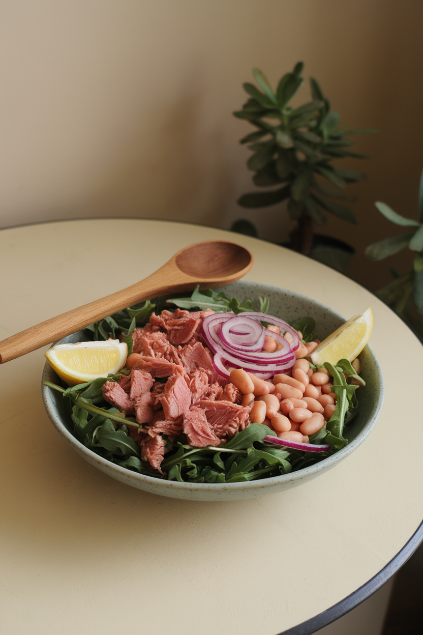 An indoor bistro table featuring a wide shallow bowl of mixed arugula, flaked canned tuna, cannellini beans, red onion slivers, and lemon wedges. No text or logos; photography only.