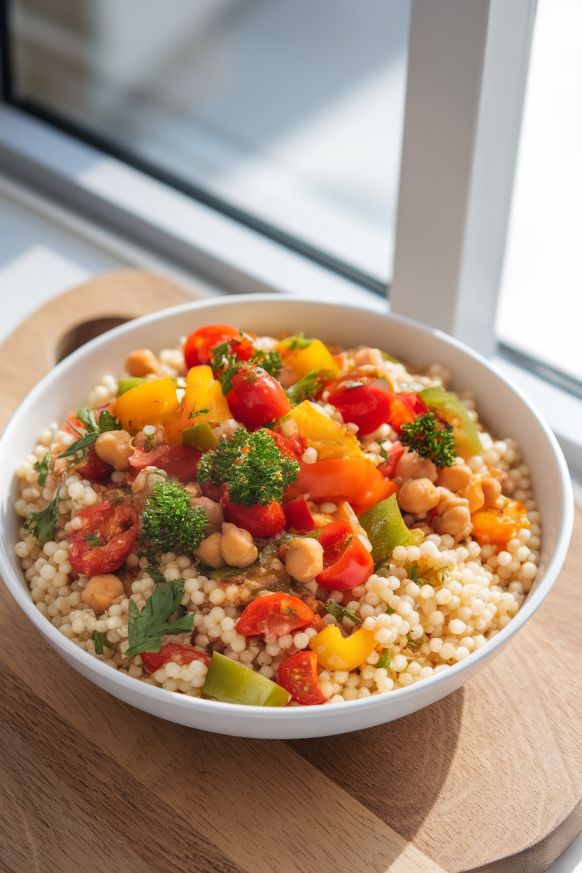 A brightly lit indoor bowl of pearl couscous dotted with diced bell peppers, cherry tomatoes, parsley, and chickpeas, dressed lightly. No logos or text.