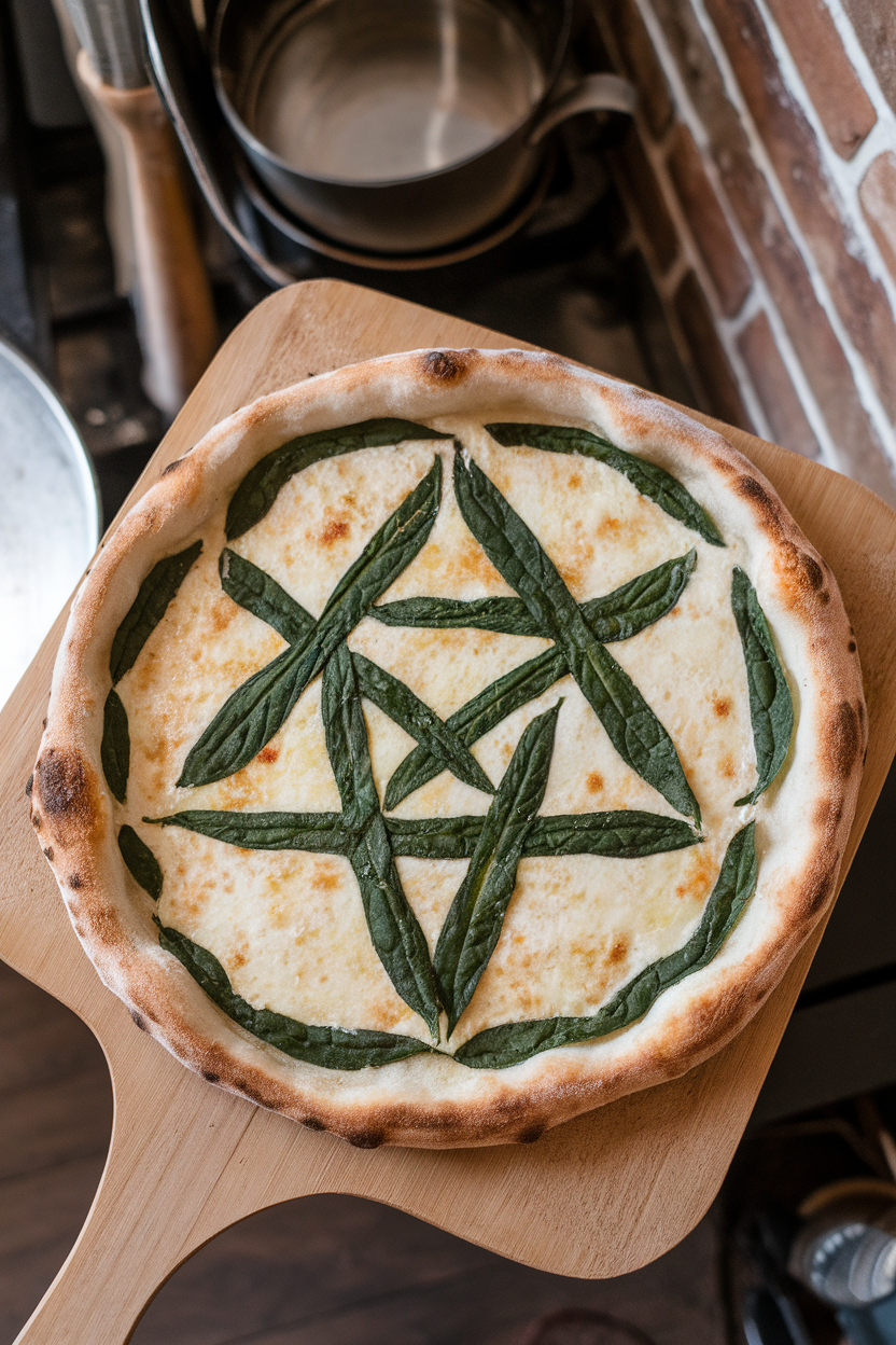 Indoor aerial image of a pizza where spinach leaves form a mystical sigil pattern over creamy ricotta. Photo only, no text or logos.