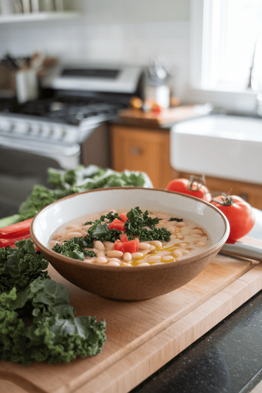An indoor kitchen island with a bowl of white bean soup featuring kale ribbons and diced tomatoes, drizzle of olive oil on top. No text or logos.