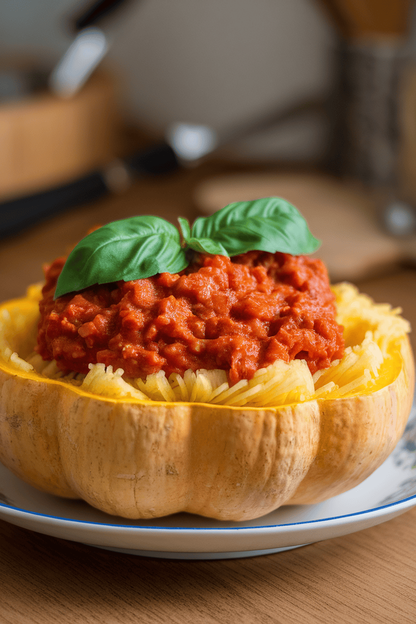 An indoor dish showing strands of cooked spaghetti squash topped with meaty tomato Bolognese sauce, basil leaves on top. No text or logos.