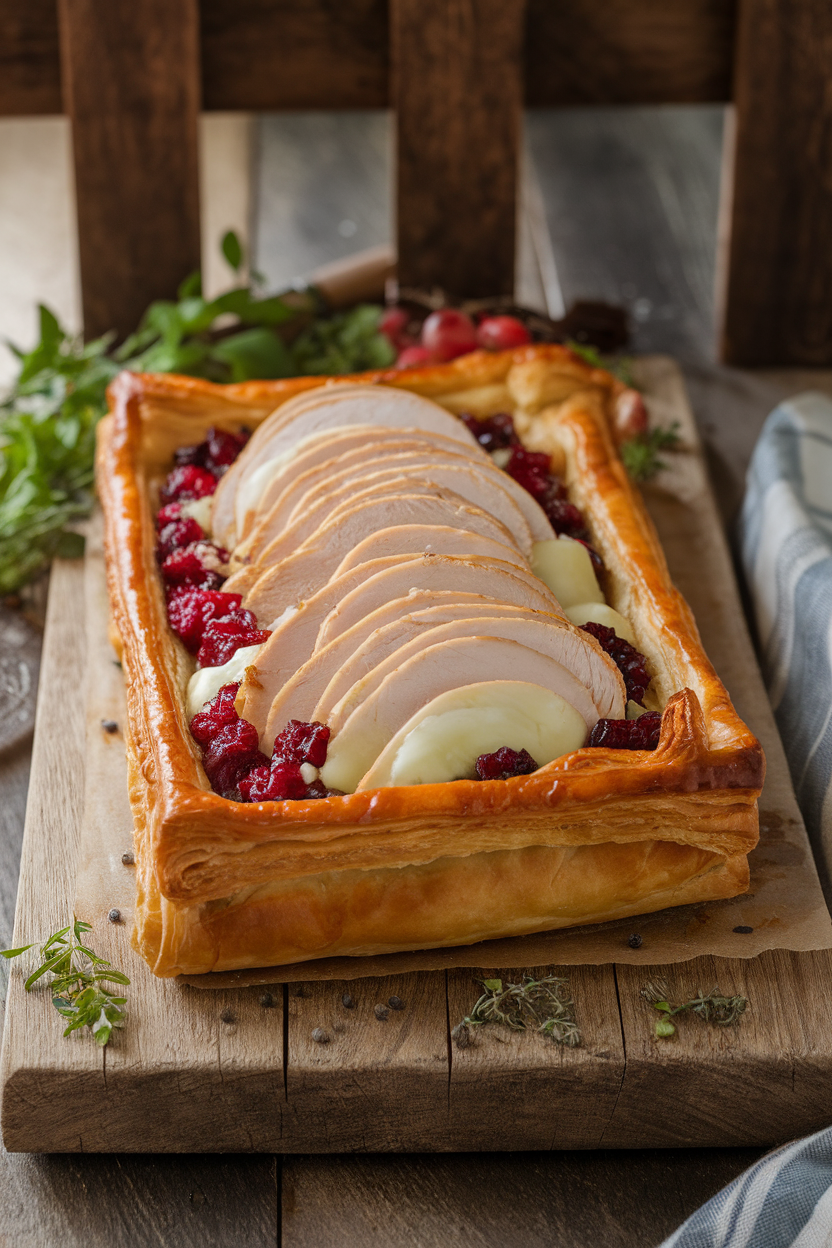 Indoor pastry board with a rustic puff-pastry rectangle topped with sliced turkey, cranberry sauce, and melted brie, edges folded. No text or logos.