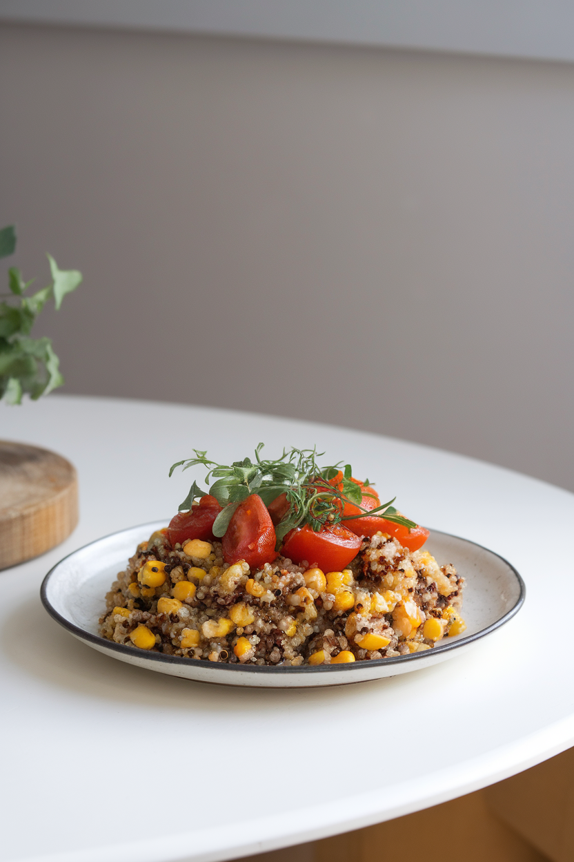 Indoor table featuring quinoa mixed with charred corn kernels and diced heirloom tomatoes; no text or logos.