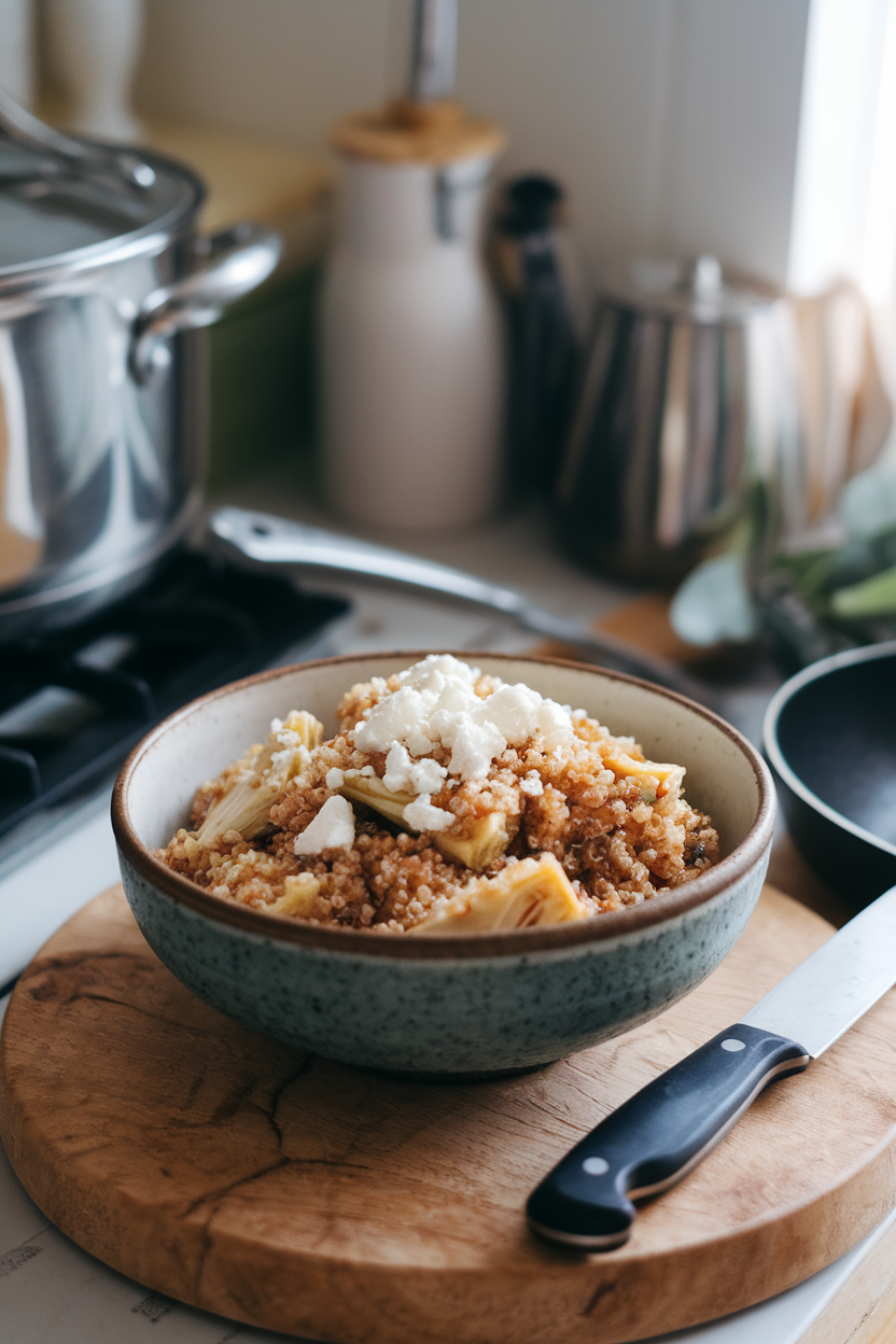 A softly lit indoor kitchen with a ceramic bowl of quinoa mixed with marinated artichoke hearts and crumbled feta; no text or logos.