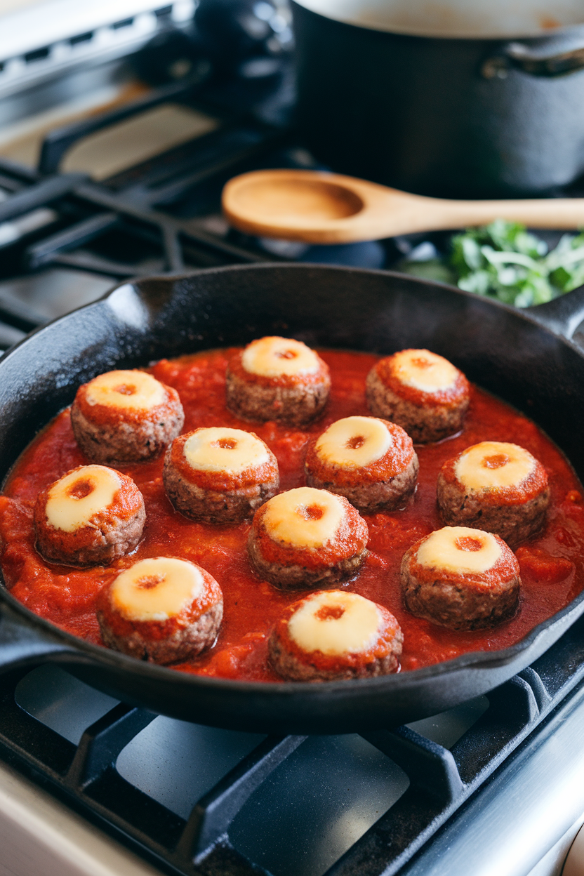 A cast-iron skillet on an indoor stovetop packed with beef meatballs simmering in vibrant red marinara, each topped with a melted provolone “eye.” No text or logos present. Photo, not illustration.