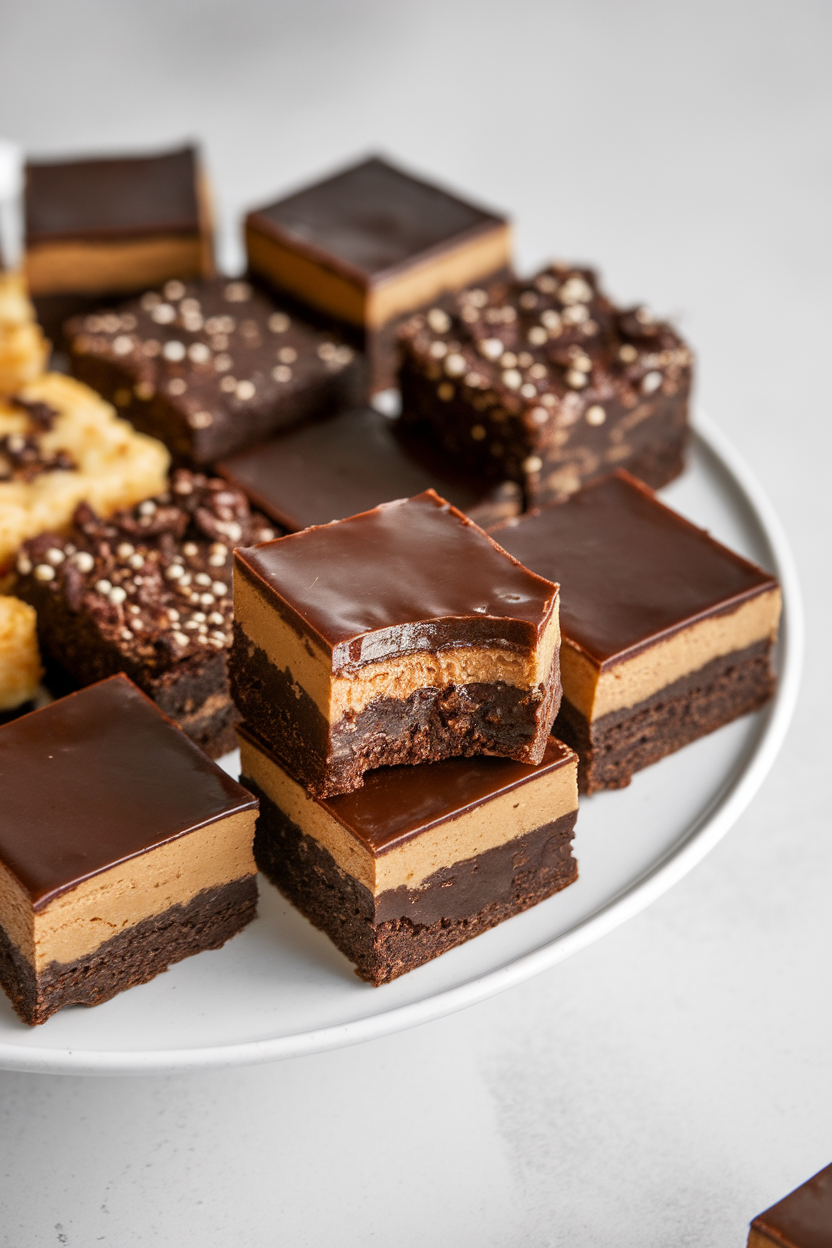 Indoor platter of mini brownie squares topped with a glossy espresso glaze, bite marks visible on one piece. No text or logos.
