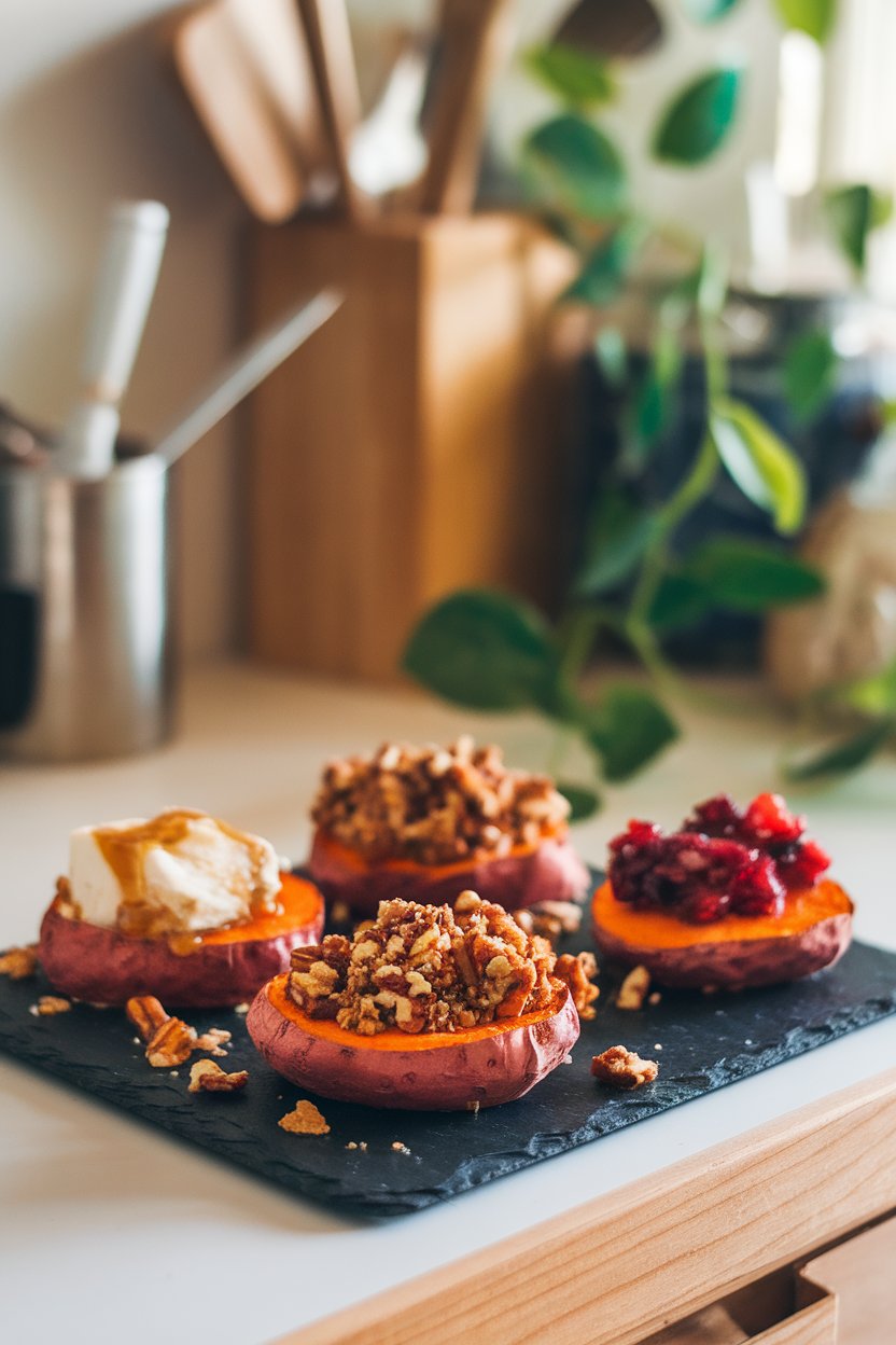 Warm indoor countertop with a slate tray of roasted sweet potato rounds topped three ways: goat cheese & honey, maple-pecan crumble, and cranberry salsa. No text or logos. Photo only.