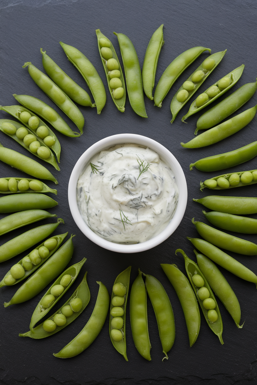 Indoor photo of split sugar snap peas arranged like floppy ears on a slate board, a bowl of creamy dill dip in the center acting as the ogre’s head. No text or logos.
