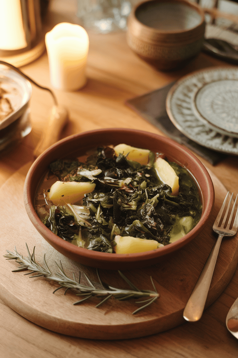 Photo of an indoor dining table showcasing a shallow earthenware dish of cooked leafy greens, potato wedges, and herbs floating in a lemon-olive oil broth, steam rising gently. No text or logos in view.