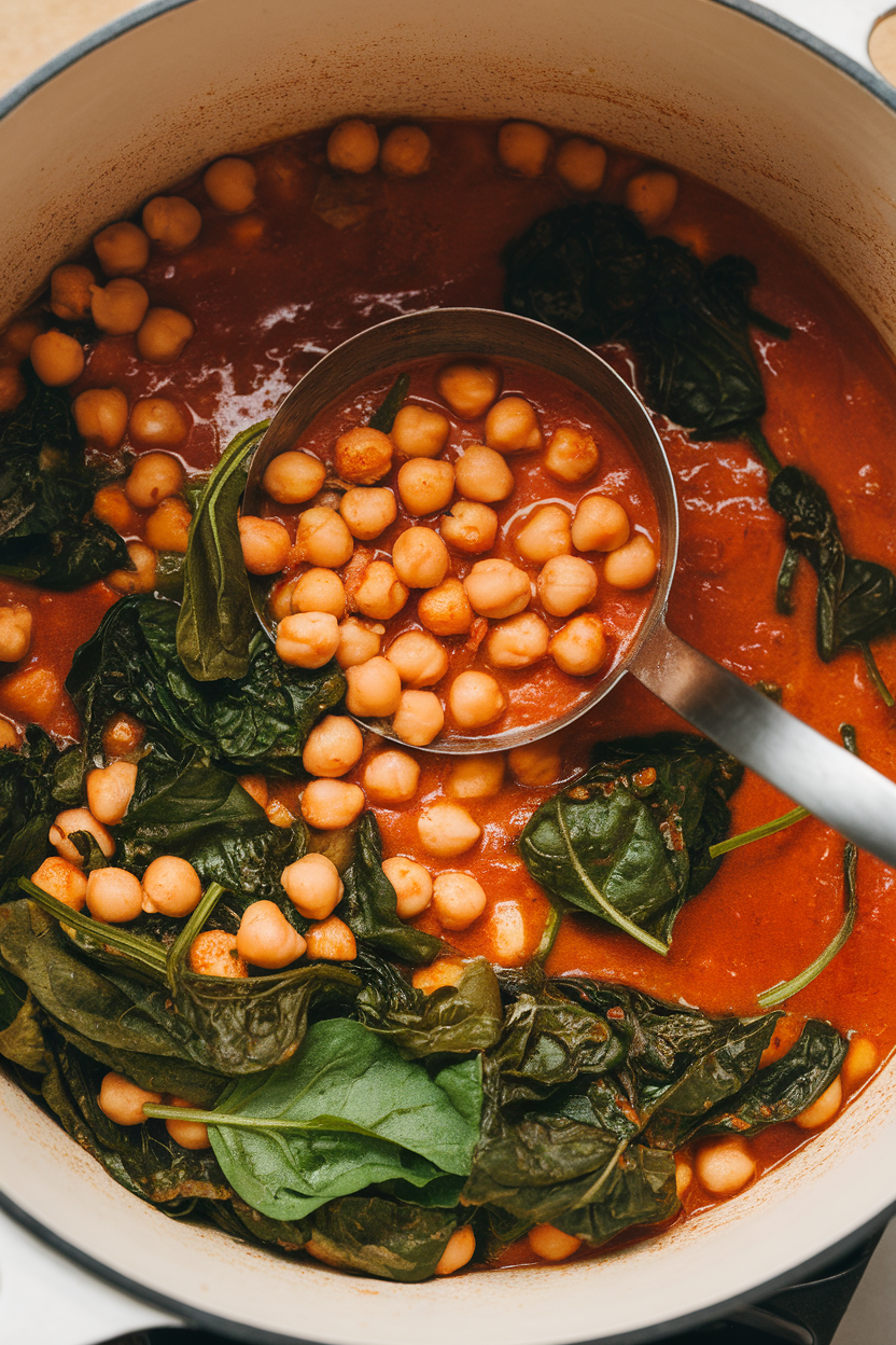 An indoor stew pot filled with tomato-based chickpea stew, spinach leaves just wilted, ladle resting inside. Photo only, no text or logos.