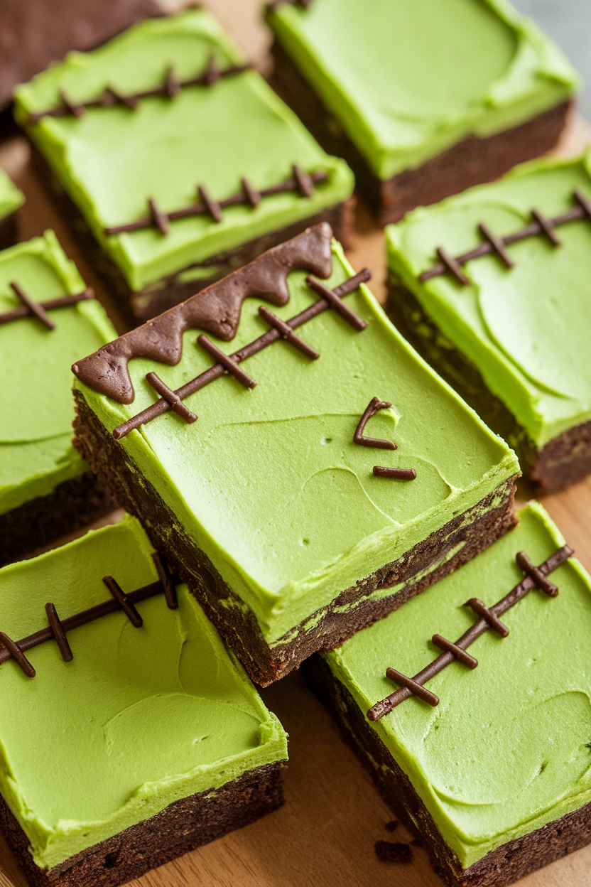 Indoor photo of brownies with bright green matcha frosting, stitched chocolate lines mimicking Frankenstein’s monster; no text or logos
