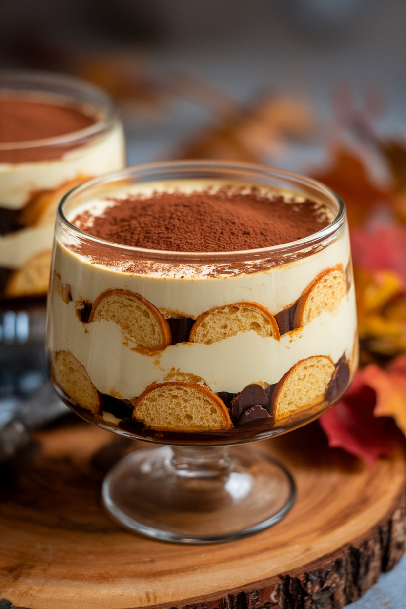 Indoor photo of a glass trifle bowl layered with pumpkin mascarpone cream, espresso-soaked ladyfingers, and cocoa dusting on top. No text or logos.
