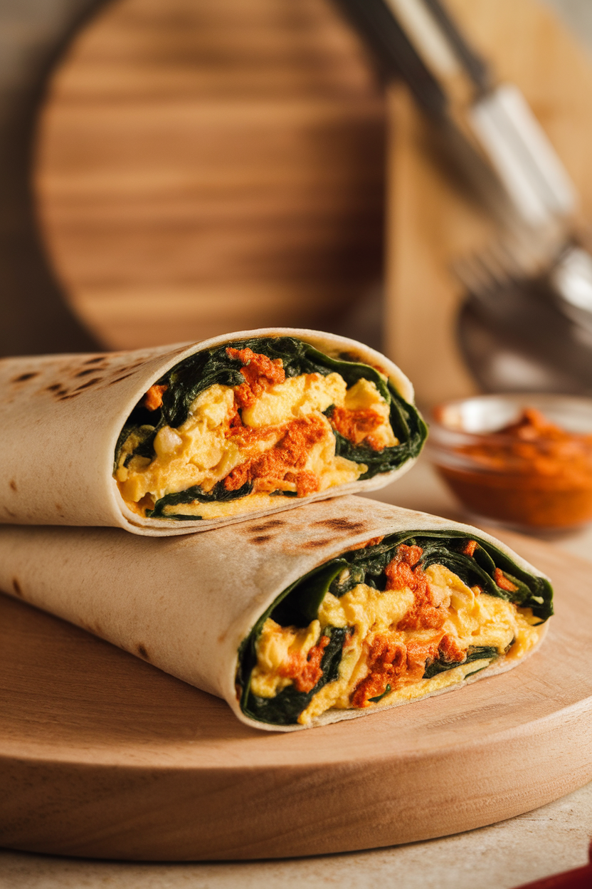 Photo of a folded wrap cut in half showing scrambled eggs mixed with harissa and spinach, indoor kitchen lighting. No text or logos anywhere.