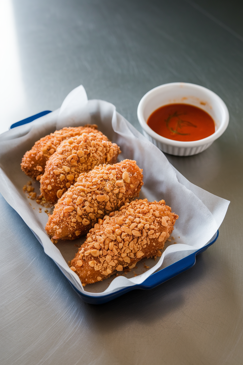 Indoor kitchen counter displaying fried chicken breasts coated in crushed peanuts and panko, sweet chili sauce in a dipping bowl, photo only, no text or logos