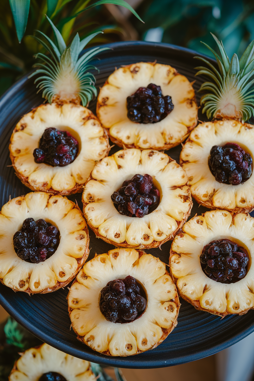 A dark ceramic plate indoors featuring golden pineapple rings arranged in overlapping circles, center holes filled with midnight-blue blueberry compote. No text or logos.