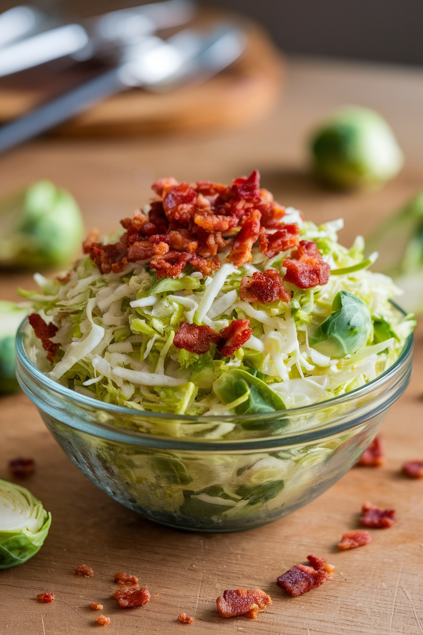 Indoor bowl of shredded Brussels sprout slaw dotted with crisp bacon bits and glazed in maple vinaigrette. Photo, no text or logos.